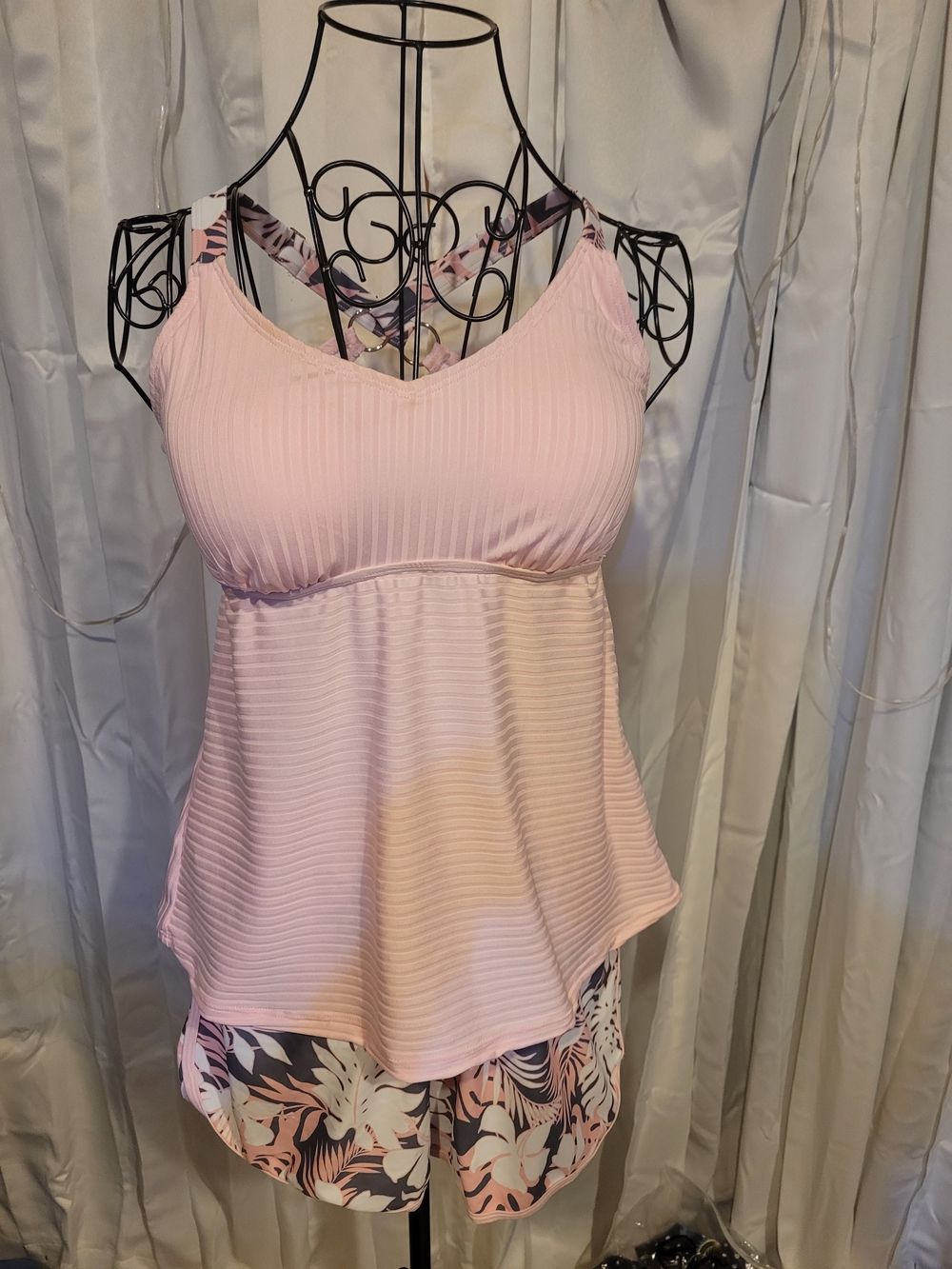 Amazon Women's Pink Ribbed Tankini with Floral Shorts